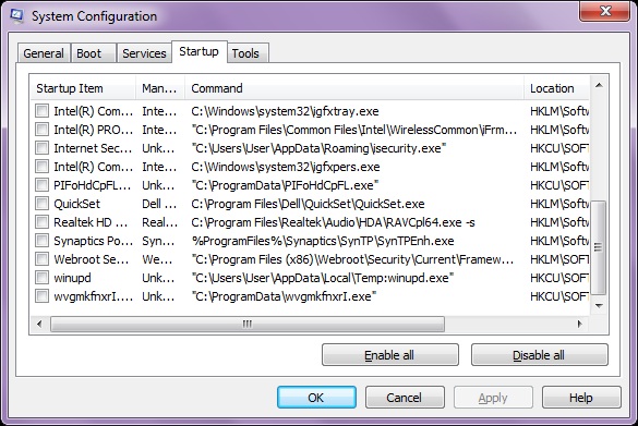 screen shot of msconfig windows 7